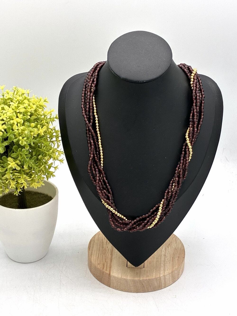 Vintage Multi Strand Twisted Burgundy Glass Seed Bead Gold Necklace 18 Inch